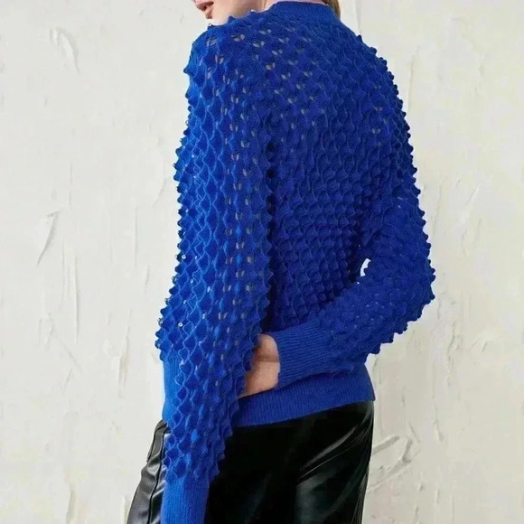 Blue Preppy Womens Solid Pointelle Knit Sweater - Picture 2 of 7